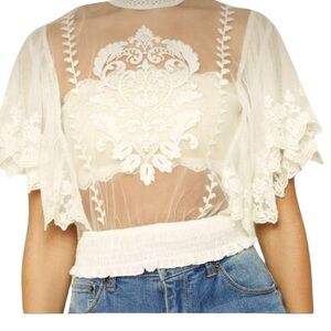 Fairycore Sheer Mesh Top Embroidered Lace Ivory Statement Sleeves Boho Y2K SZ S
